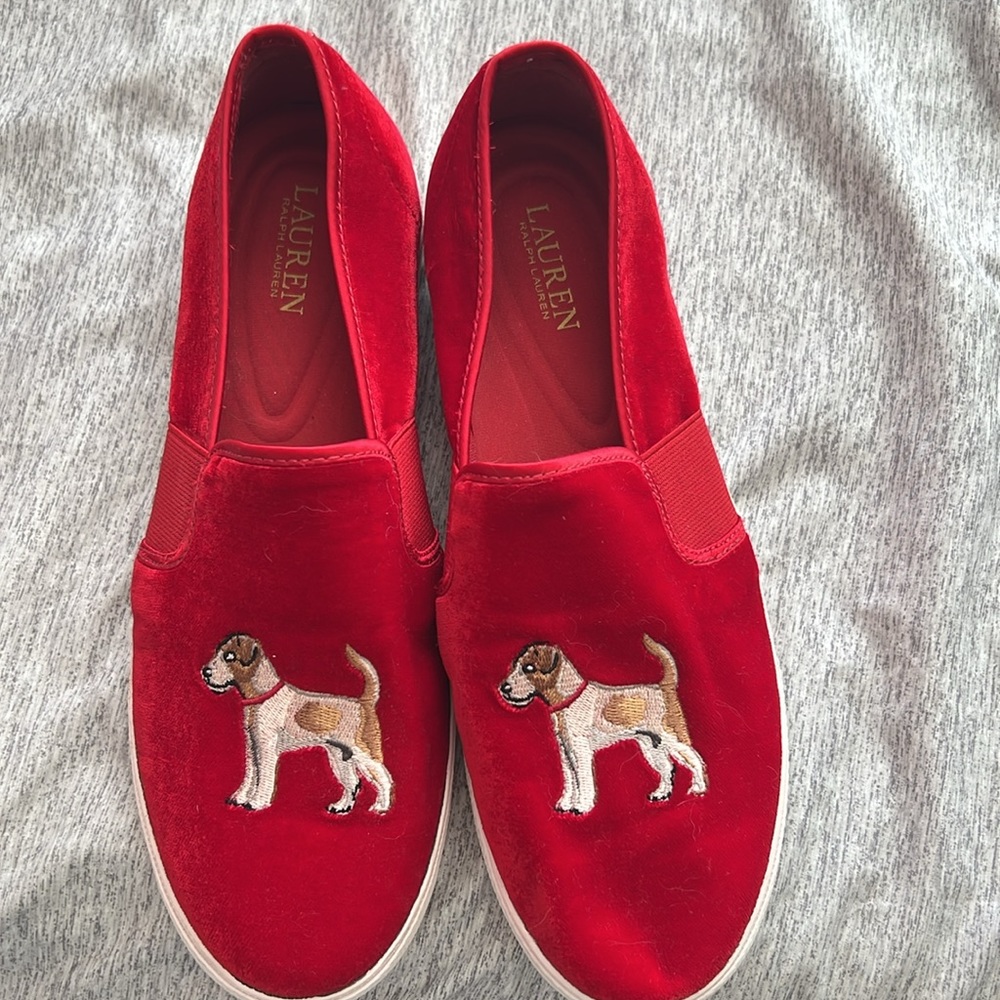 Ralph Lauren red velvet Jinny dog slip on sneaker